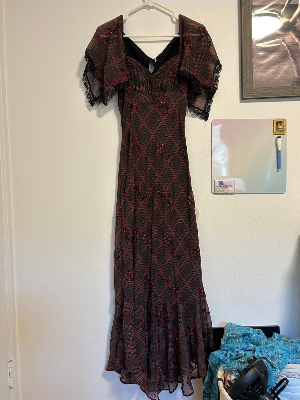 Free People Red and Black Plaid Lace-Trim Maxi Dress 0